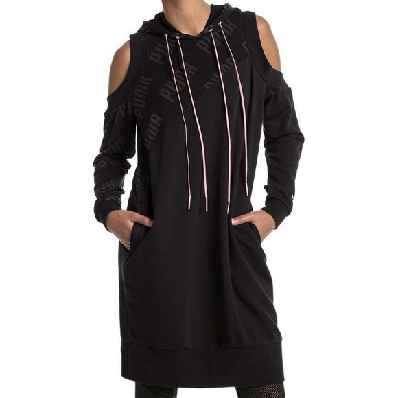 Puma Dresses & Skirts - Puma En Pointe black, cold shoulder athletic sweatshirt Dress, size large